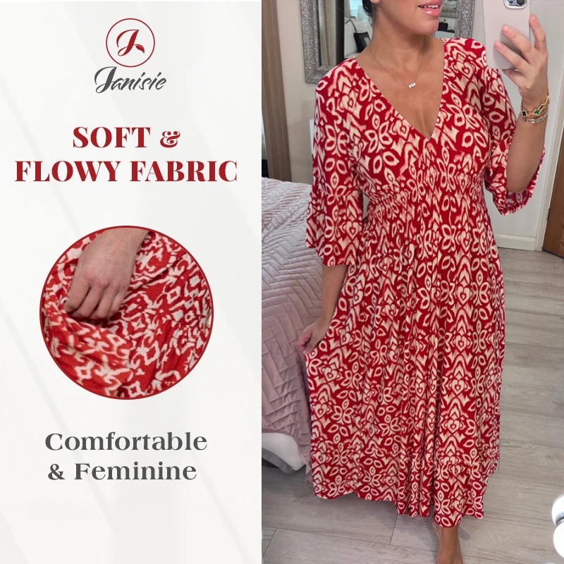 Bohemian V-Neck Shirred Maxi Dress